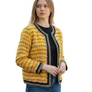 Alex Kim Vtg. Embellished Plaid Open Front Jacket Yellow, Black, Beaded Missy L